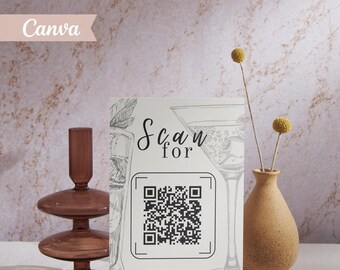 Black & White QR Code Sign Template, Modern Martini Party Decor (Digital Download)