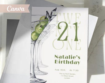 Plantilla de invitación para cóctel Martini de cumpleaños número 21, invitación para fiesta de cócteles botánicos en verde salvia (descarga digital)