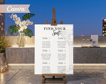 Black White Martini Seating Chart, Editable Canva Find Seat Sign (Instant Download)
