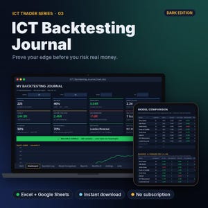 Könnte beinhalten: Ein digitales ICT Backtesting Journal Dashboard auf einem Laptop- und Tablet-Bildschirm. Die dunkel gestaltete Benutzeroberfläche zeigt Datentabellen, Leistungskennzahlen und ein Equity-Kurvendiagramm mit Texten wie ICT Trader Series 03 und Dark Edition.