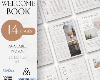 Aanpasbaar welkomstboek voor Airbnb-hosts 14 pagina's met informatie Prachtig minimalistisch ontwerp Bewerkbare Canva-sjabloon