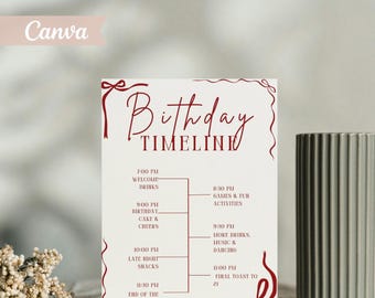 Cronograma de cumpleaños de Talk Thirty To Me, itinerario de fiesta Red Ribbon Coquette en Canva (hazlo tú mismo)