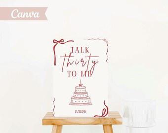 Letrero de bienvenida "Háblame de treinta", póster de fiesta "Coquette Martini" con cinta roja en lienzo.