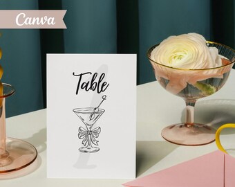 Black White Martini Table Numbers, Editable Canva Wedding Reception Cards (Instant Download)