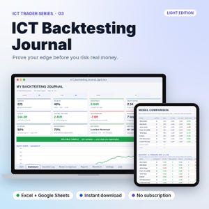 Pode incluir: Um diário de backtesting ICT Light Edition digital exibido na tela de um laptop e tablet. A interface mostra estatísticas de negociação, um painel com métricas de desempenho, uma tabela de comparação de modelos e um gráfico de curva.