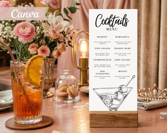 Black & White Martini Cocktail Menu Template, Editable Canva Drink Menu (Instant Download)