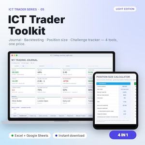 Può includere: Un kit di strumenti di trading ICT digitale con un laptop e un tablet che mostrano un diario di trading e un calcolatore della dimensione della posizione. L'interfaccia include testi come ICT Trader Toolkit, My Trading Journal e Position Size Calculator con campi dati per il saldo del conto, il rischio e le metriche di performance.