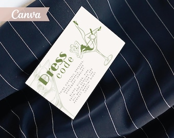 Tarjeta con el código de vestimenta para el Martini Botánico, Guía de atuendos para fiestas con temática de vegetación verde salvia (5x3.5)