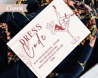 Tarjeta de código de vestimenta de Talk Thirty To Me, guía de atuendos para fiestas de Red Ribbon Coquette