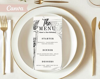 Black & White Martini Menu Template, Editable Canva Birthday Party Sign (Instant Download)