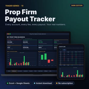 Könnte beinhalten: Eine digitale Prop Firm Payout Tracker Tabelle auf einem Laptop- und Tablet-Bildschirm. Das dunkel gestaltete Dashboard zeigt Finanzdaten, Balkendiagramme und Tabellen mit grünen und roten Kennzahlen sowie die Überschriften My Prop Firm Business.