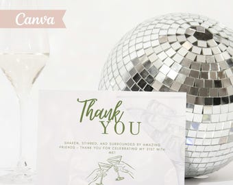 Plantilla de tarjeta de agradecimiento con temática de Martini botánico, recuerdo de cumpleaños con follaje verde salvia (4x6, 5x3.5)