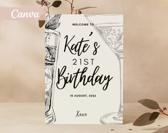 Martini Welcome Sign Template, Black White Birthday Party Poster (Instant Download)