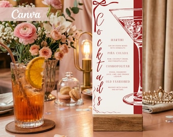 Red Ribbon Cocktail Menu Template, Coquette Martini Bar Sign, Editable Drinks Card Canva