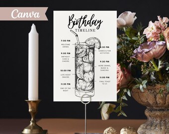 Black White Birthday Timeline Sign, Martini Party Event, Editable Canva (Instant Download)