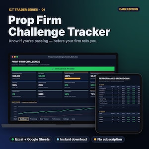 Könnte beinhalten: Eine digitale Prop Firm Challenge Tracker Tabelle auf einem Laptop- und Tablet-Bildschirm. Die dunkle Benutzeroberfläche zeigt Finanzkennzahlen, eine Leistungsaufschlüsselung und eine Equity-Kurve. Text beinhaltet ICT Trader Series 01, Dark Edition und Prop Firm Challenge.