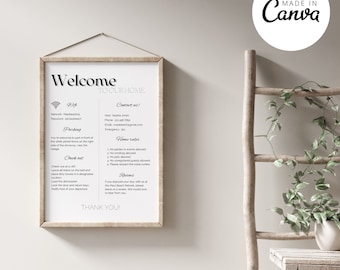 Minimalistisch Airbnb-welkomstbord met Canva-sjabloon voor wifi en huisregels in 3 maten, perfect voor kortetermijnverhuur