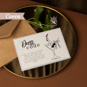 Black & White Martini Dress Code Card Template, Editable Canva Invitation Insert (Digital Download)