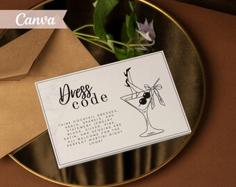 Black & White Martini Dress Code Card Template, Editable Canva Invitation Insert (Digital Download)