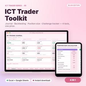 Può includere: Il kit di strumenti ICT Trader Edition Blush presenta un diario di trading digitale e un calcolatore della dimensione della posizione visualizzati su uno schermo di laptop e tablet. L'interfaccia include campi per P&L netto e rischio.