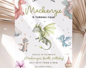 Dragon birthday invitation template: Magical party, Castles, any age invite (Digital Download)