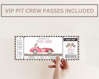 Race Car First Birthday Invitation: FAST ONE Ticket, Pit Crew Pass (Digital)