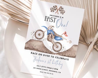 Blue Dirt Bike 1st Birthday Invitation: Fast One Party, motocross, boy invite template  (Printable)