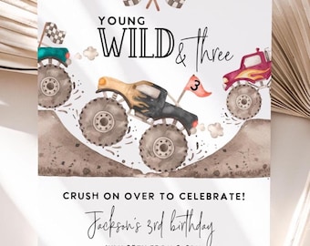 Monster Truck Young Wild Three Geburtstagseinladung, bearbeitbare digitale Vorlage (5x7)