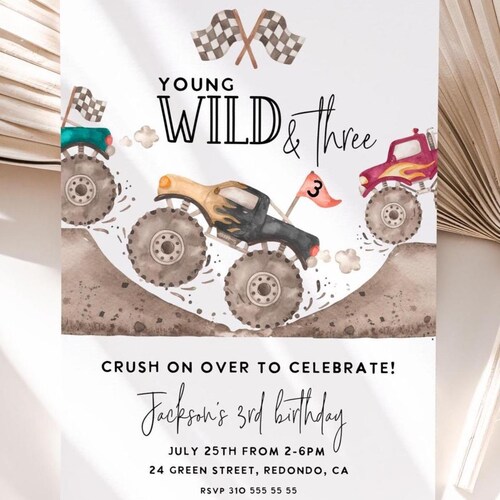 Invitation d'anniversaire Monster Truck Young Wild Three, modèle numérique modifiable (5x7)