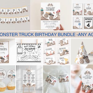 Editable Monster truck party bundle, any age, Monster truck party, Monster Jam invite, Monster truck birthday decor, party signs, download
