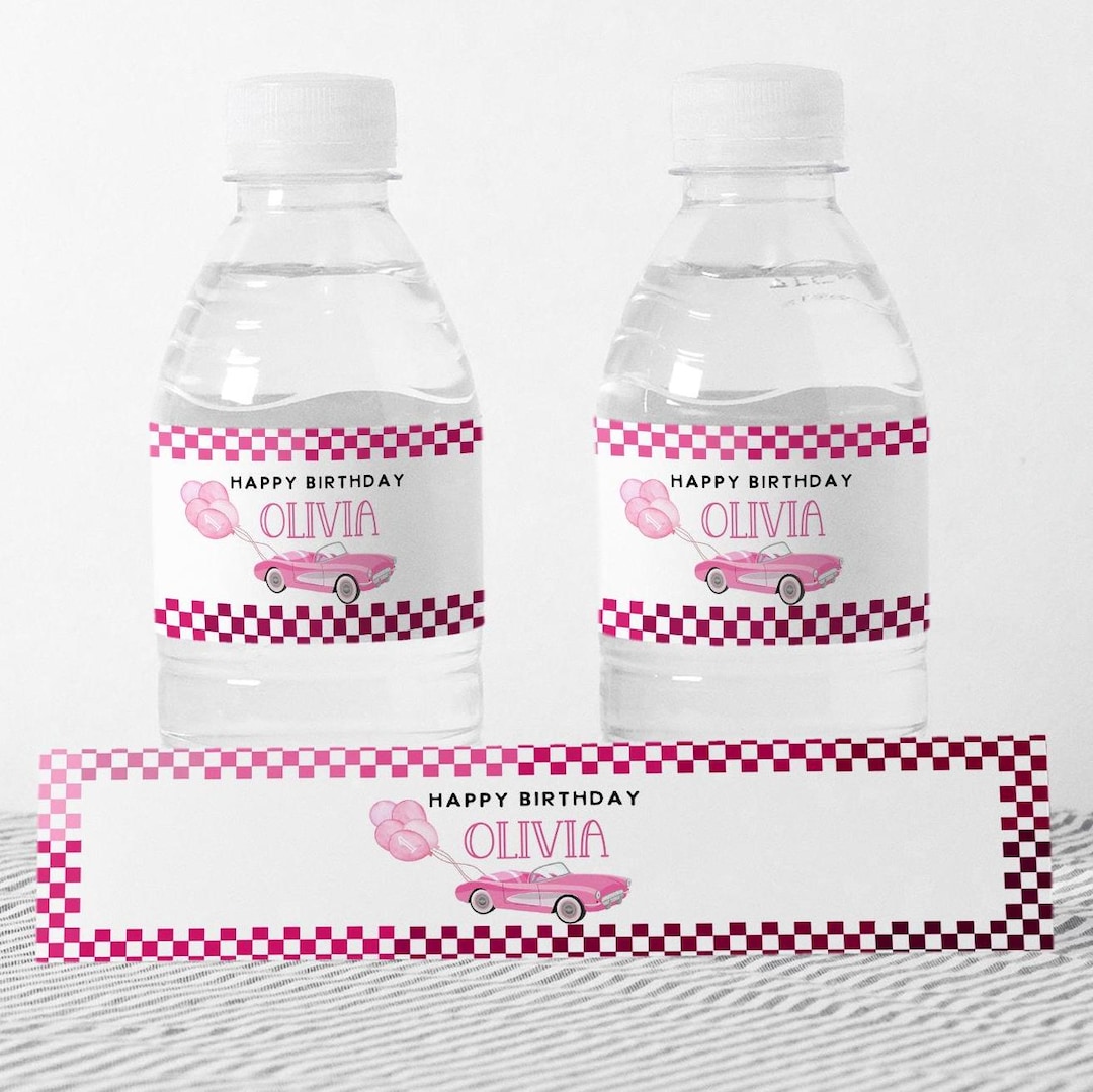Pink Race Car Water Bottle Label, Pink Race Car Birthday Decor, Racecar ...