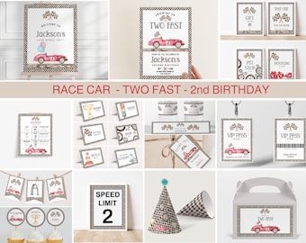 Two Fast Race Car 2nd Birthday Invitation Bundle (Printable Editable Template)