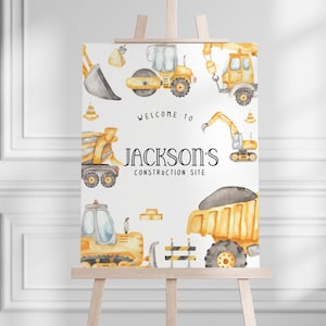 Cartello di benvenuto per compleanno di costruzione, cartello per festa di costruzione, festa di compleanno per bambini, festa di escavatori, festa di camion con cassone ribaltabile, poster di benvenuto modificabile