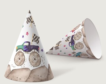 May include: Two party hats with a monster truck theme. The hats are white with a green, purple, and black monster truck design. The hats also have checkered flags, stars, and brown dirt.