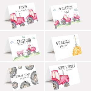 May include: Set of 6 printable food labels featuring red tractors and farm-themed wording. The labels include "Farm", "Watering Hole", "Custom", "Grazing Station", "Spare Tires", and "Red Velvet Cupcakes".