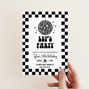 Uitnodiging voor discofeest, Lets party verjaardagsuitnodiging, voor tieners van elke leeftijd, dansfeest, zoete 16, gepersonaliseerde uitnodiging bewerkbare sjabloon