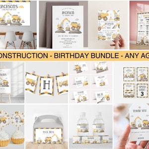 May include: Construction birthday party printable bundle with yellow and black color scheme. Includes welcome sign, invitation, banner, cupcake toppers, water bottle labels, favor tags, and more.  The design features cartoon construction vehicles.