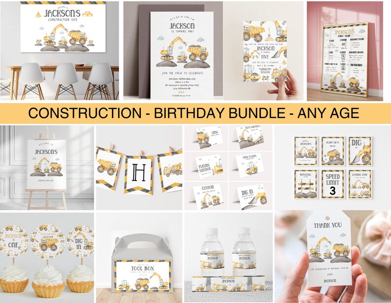 May include: Construction birthday party printable bundle with yellow and black color scheme. Includes welcome sign, invitation, banner, cupcake toppers, water bottle labels, favor tags, and more.  The design features cartoon construction vehicles.