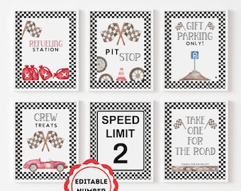 Race Car Party Signs: Pit Stop, Refueling Station, Speed Limit, checked flag (Digital Download)