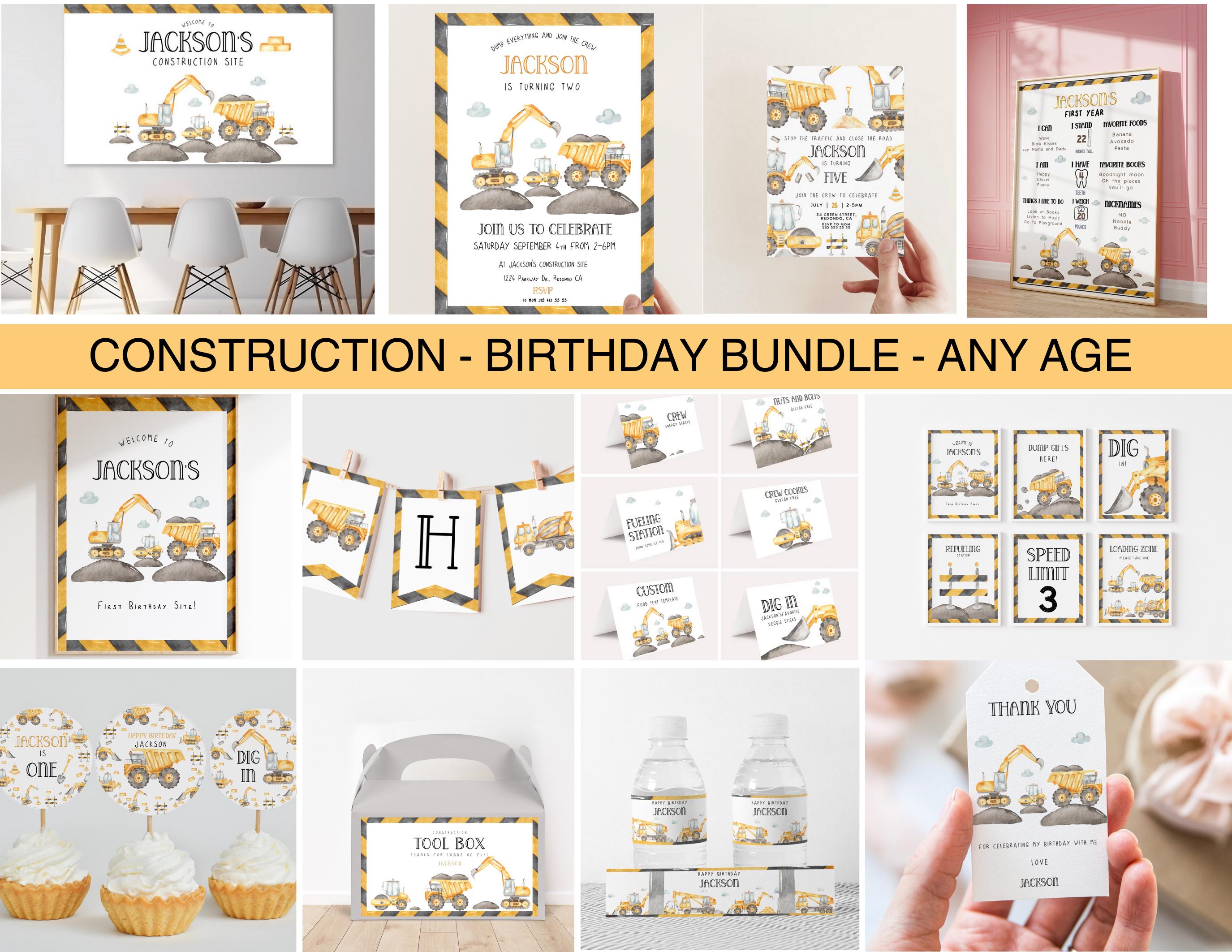建設業界の誕生日招待状セット、建設業界のパーティー装飾、掘削機パーティー、ダンプトラック、トラックの誕生日、建設現場、編集可能 - Etsy 日本