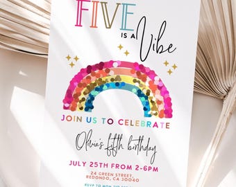 Rainbow 5th birthday : Five is a Vibe, Sequin Glitter (Digital Download 5x7in PDF, JPEG Template)