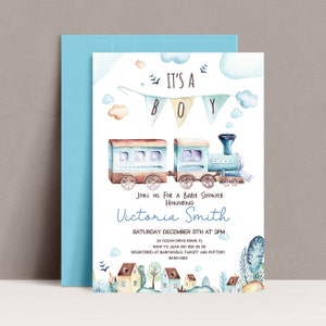 Invitation à la baby shower, C’est un garçon, Train Aquarelle, Oh boy, baby shower, baby boy, jouet, cadeaux de douche, Modèle modifiable, TÉLÉCHARGEMENT INSTANTANÉ