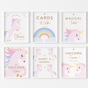 Pacchetto di cartelli modificabili per feste di compleanno a tema unicorno, cartelli da tavolo a tema unicorno, cartello di benvenuto a tema unicorno, cartelli per feste a tema unicorno, festa a tema unicorno, stampabili