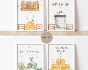 Könnte beinhalten: Vier druckbare Schilder mit einem Bauernhof-Thema. Die Schilder sind weiß mit schwarzem Text und Aquarell-Illustrationen. Die Schilder lauten "Bauernmarkt", "Tränke", "Partygeschenke für Partytiere" und "Heuballen und Geschenkelagerung".