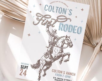 Primeiro convite de aniversário de rodeio: Festa de cowboys do oeste selvagem (editável)