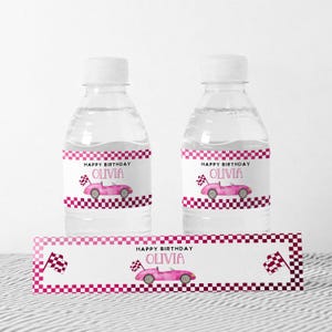 Pink Race Car birthday water bottle labels, any age, race car party decor, Girl birthday party, pink racer, Vintage Race Car Party, Editable