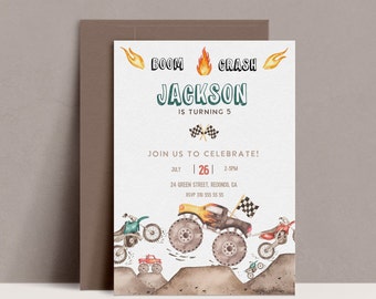 Monster Truck Birthday invitation, Dirt BIke invite, Any age, truck motorcycle , boy,  Editable template printable, corjl,  INSTANT DOWNLOAD