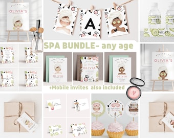 Spa party, Spa birthday invitation bundle, pamper party,  slumber party,  makeup party girl spa day,  glam party for girls INSTANT DOWNLOAD