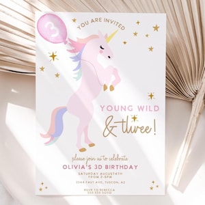Unicorn 3rd Birthday Invitation: Young Wild & Three girls party invite (Digital Download)
