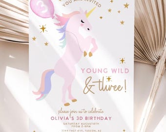Unicorn 3rd Birthday Invitation: Young Wild & Three girls party invite (Digital Download)